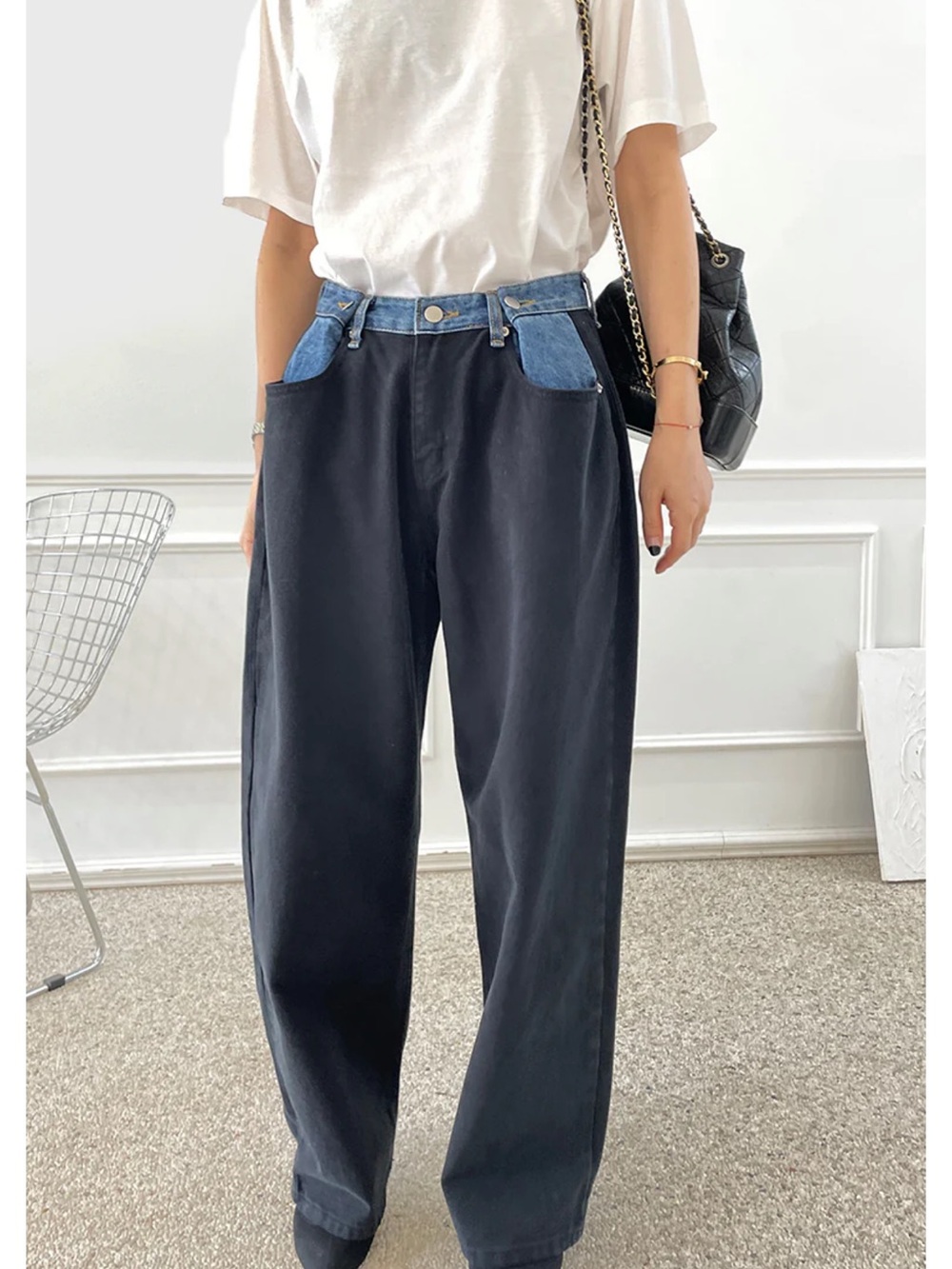 The Frankie Shop HAYLA CONTRAST DENIM PANTS - BLACK/BLUE s/xs